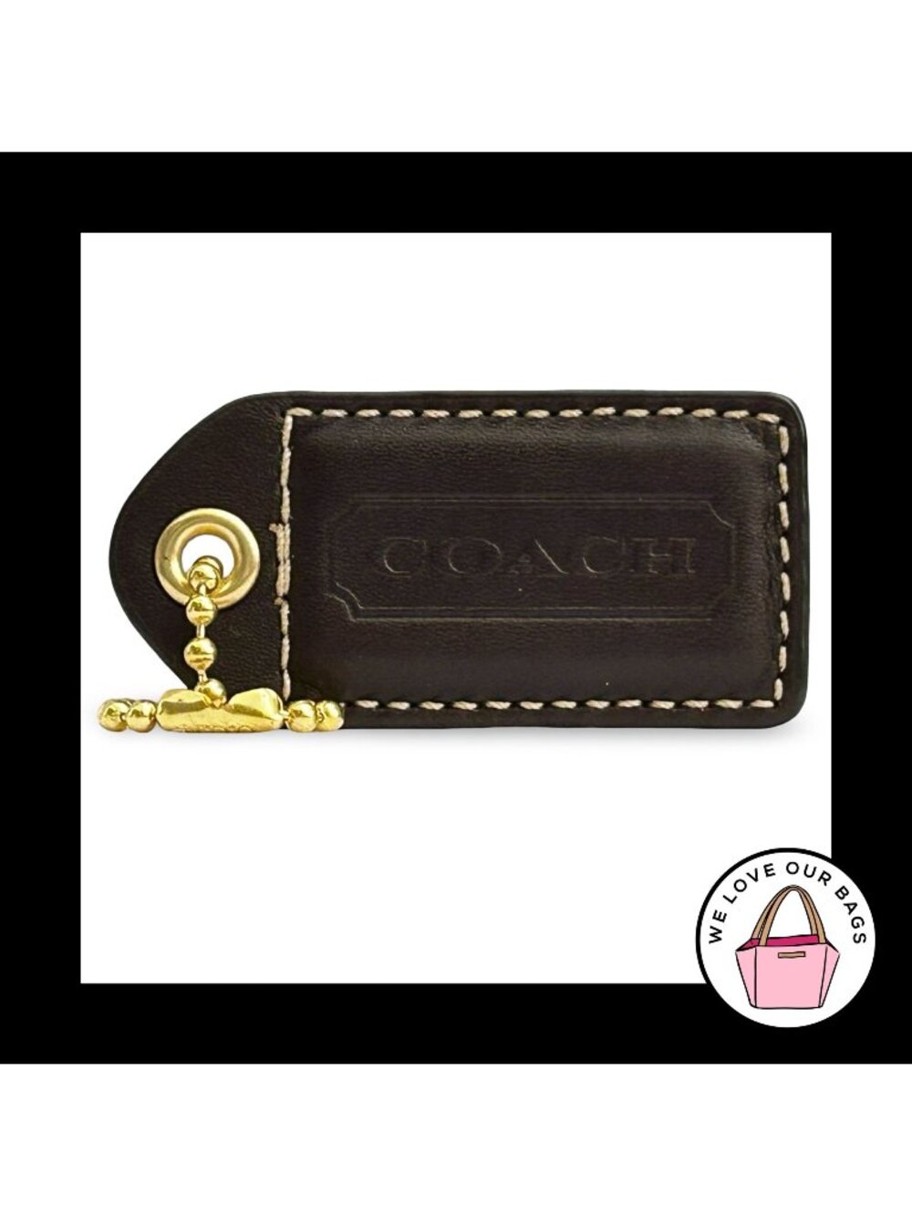 COACH Y2K VINTAGE Hang Tag 2.5" Brown Leather Bag Charm Keychain Fob Brass Large